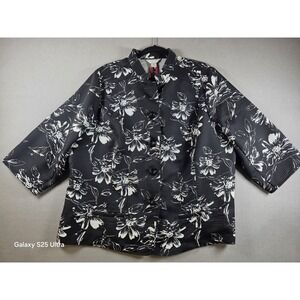 CJ Banks 2X Quilted Jacket Black White Floral Artsy Shacket Grandmacore Boho Vtg